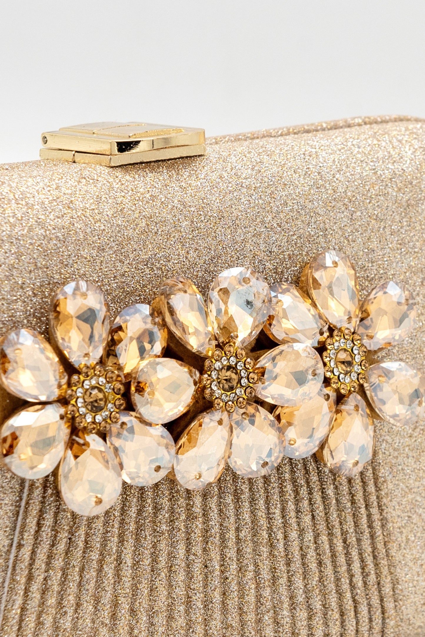 Stone-Embellished Shimmery Gold Clutch