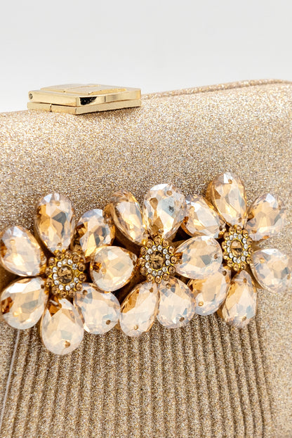 Stone-Embellished Shimmery Gold Clutch