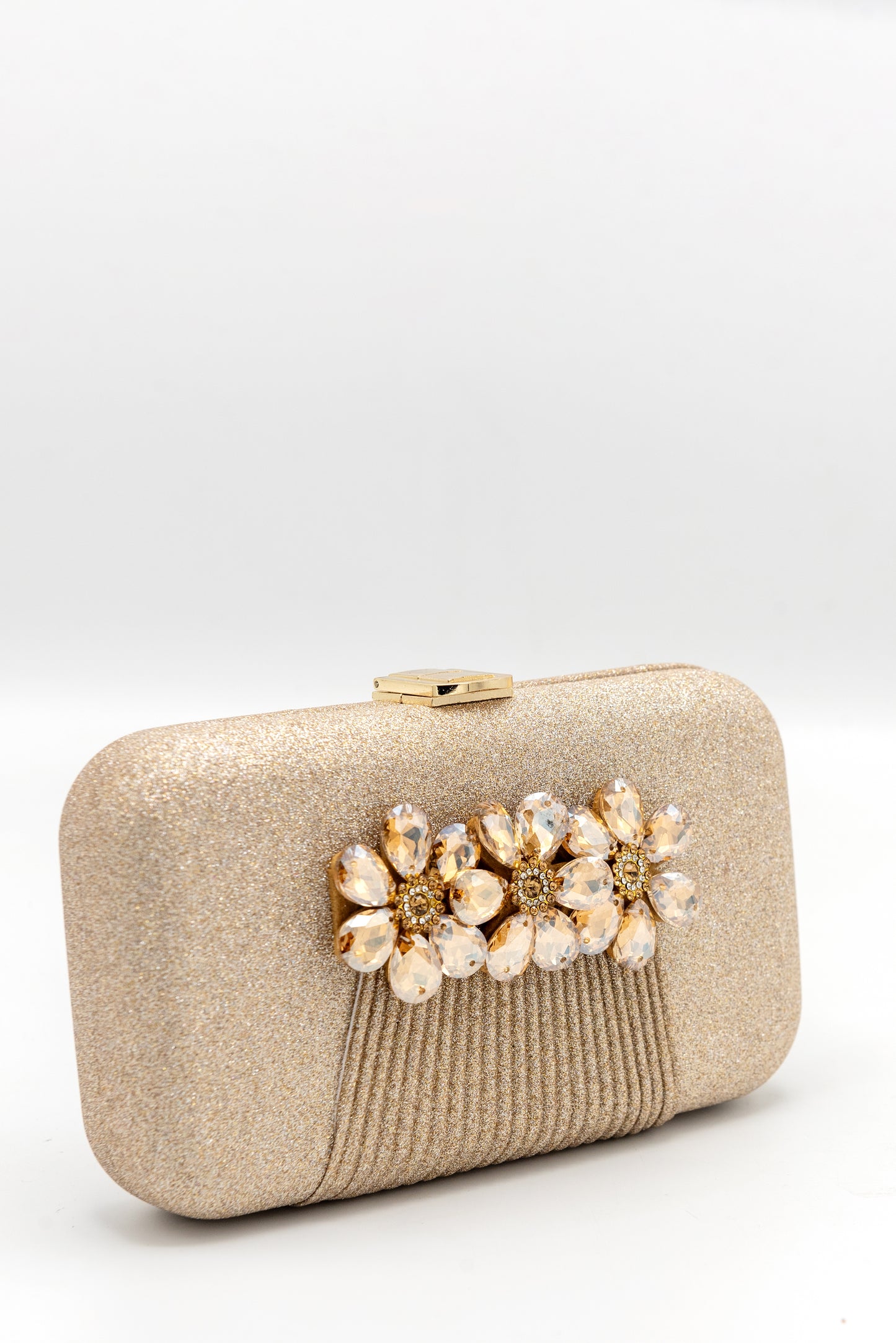 Stone-Embellished Shimmery Gold Clutch