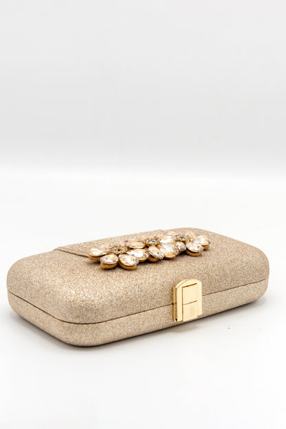 Stone-Embellished Shimmery Gold Clutch