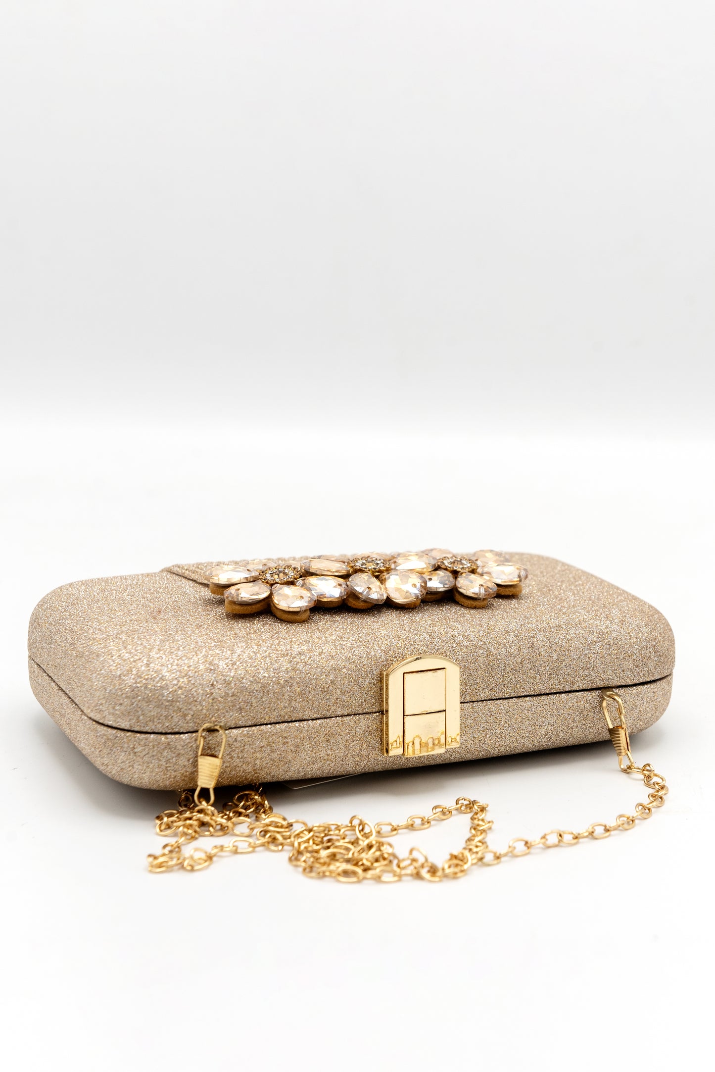 Stone-Embellished Shimmery Gold Clutch