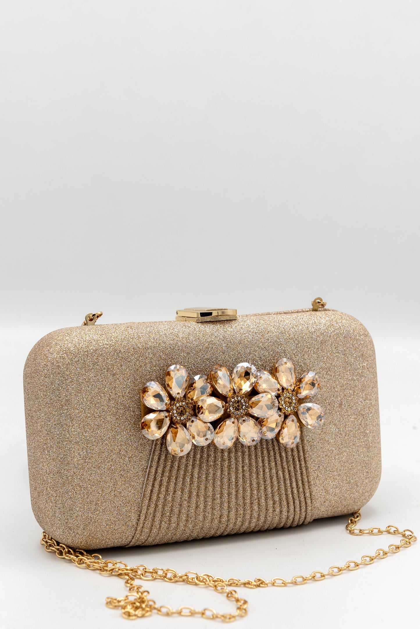 Stone-Embellished Shimmery Gold Clutch